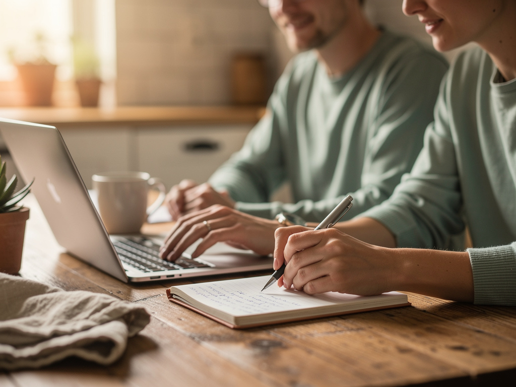 Two people working together at a kitchen table over a notebook and a laptop, in warm light.